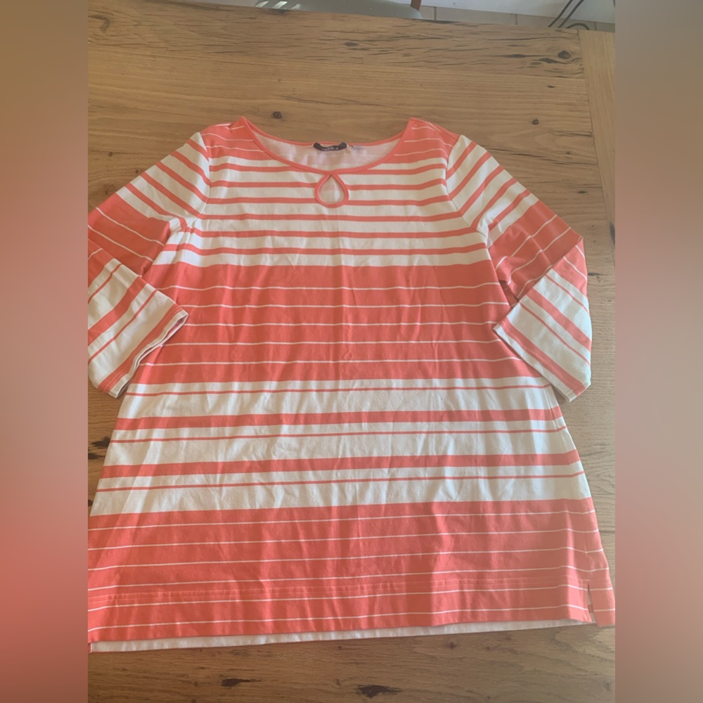 Liz Claiborne Stripes Keyhole boatneck 3/4 Sleeve Orange White Women’s 1X Prelov